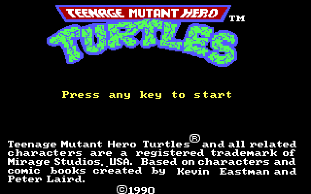 Teenage Mutant Ninja Turtles IBM PC/Compatibles Screenshot: Title screen (European version).