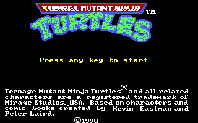 Teenage Mutant Ninja Turtles IBM PC/Compatibles Screenshot: Title screen (U.S. version).