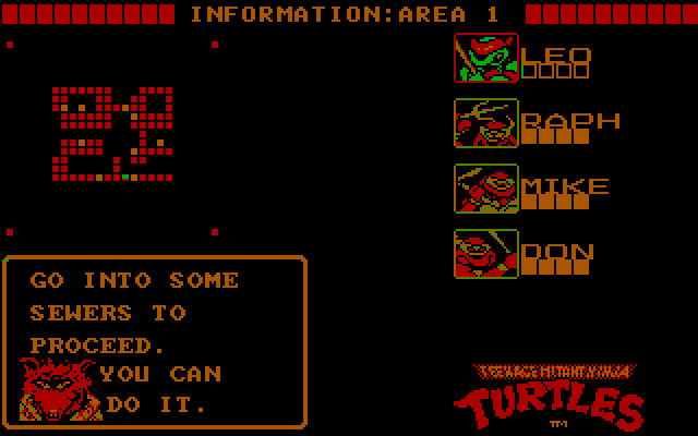 Teenage Mutant Ninja Turtles IBM PC/Compatibles Screenshot: Status screen.
