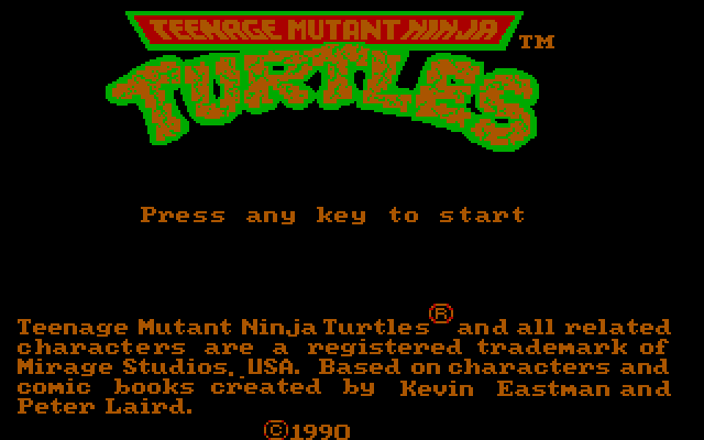 Teenage Mutant Ninja Turtles IBM PC/Compatibles Screenshot: Title screen (U.S. version).