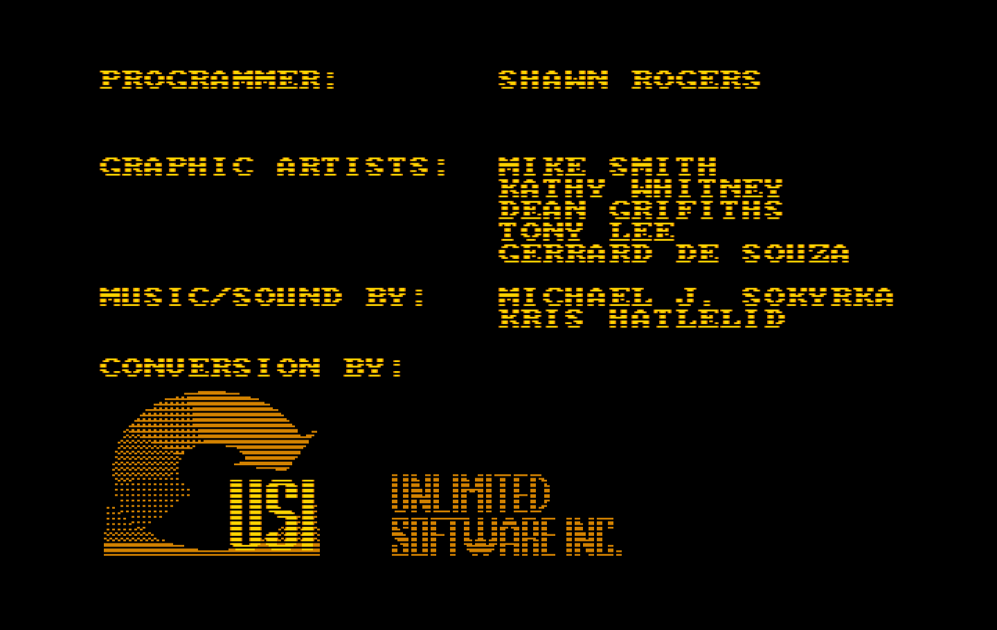 Teenage Mutant Ninja Turtles IBM PC/Compatibles Screenshot: Credits screen.