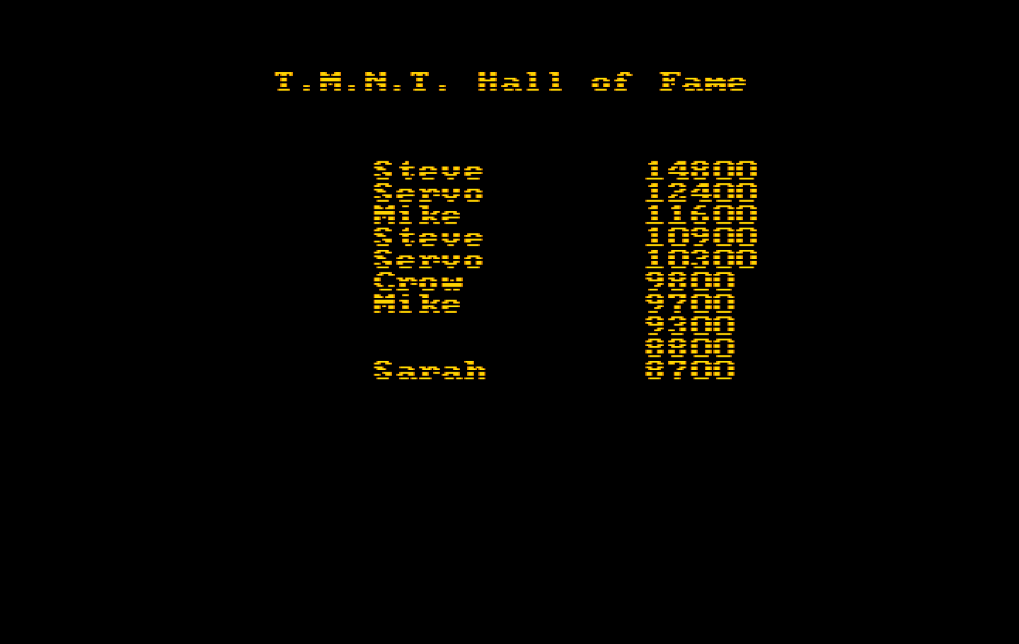 Teenage Mutant Ninja Turtles IBM PC/Compatibles Screenshot: High scores.