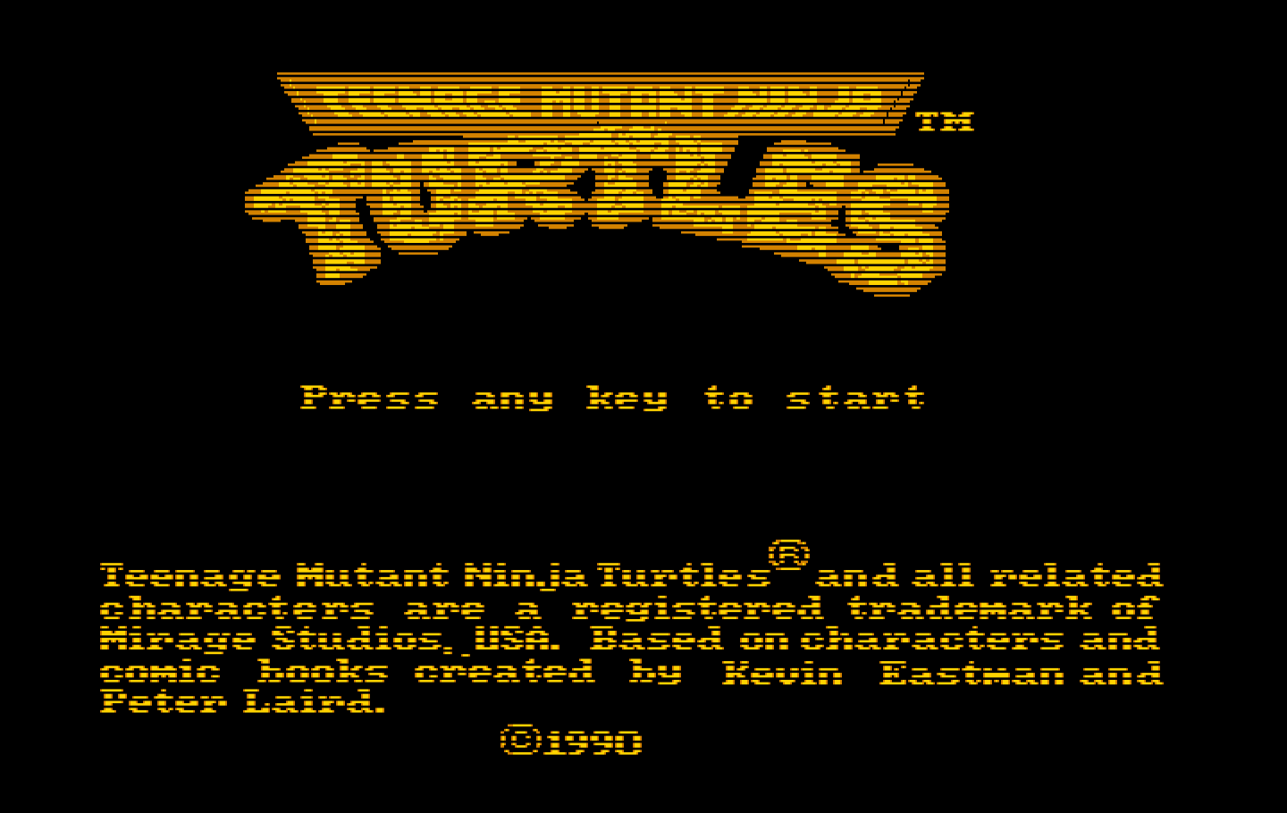 Teenage Mutant Ninja Turtles IBM PC/Compatibles Screenshot: Title screen (U.S. version).