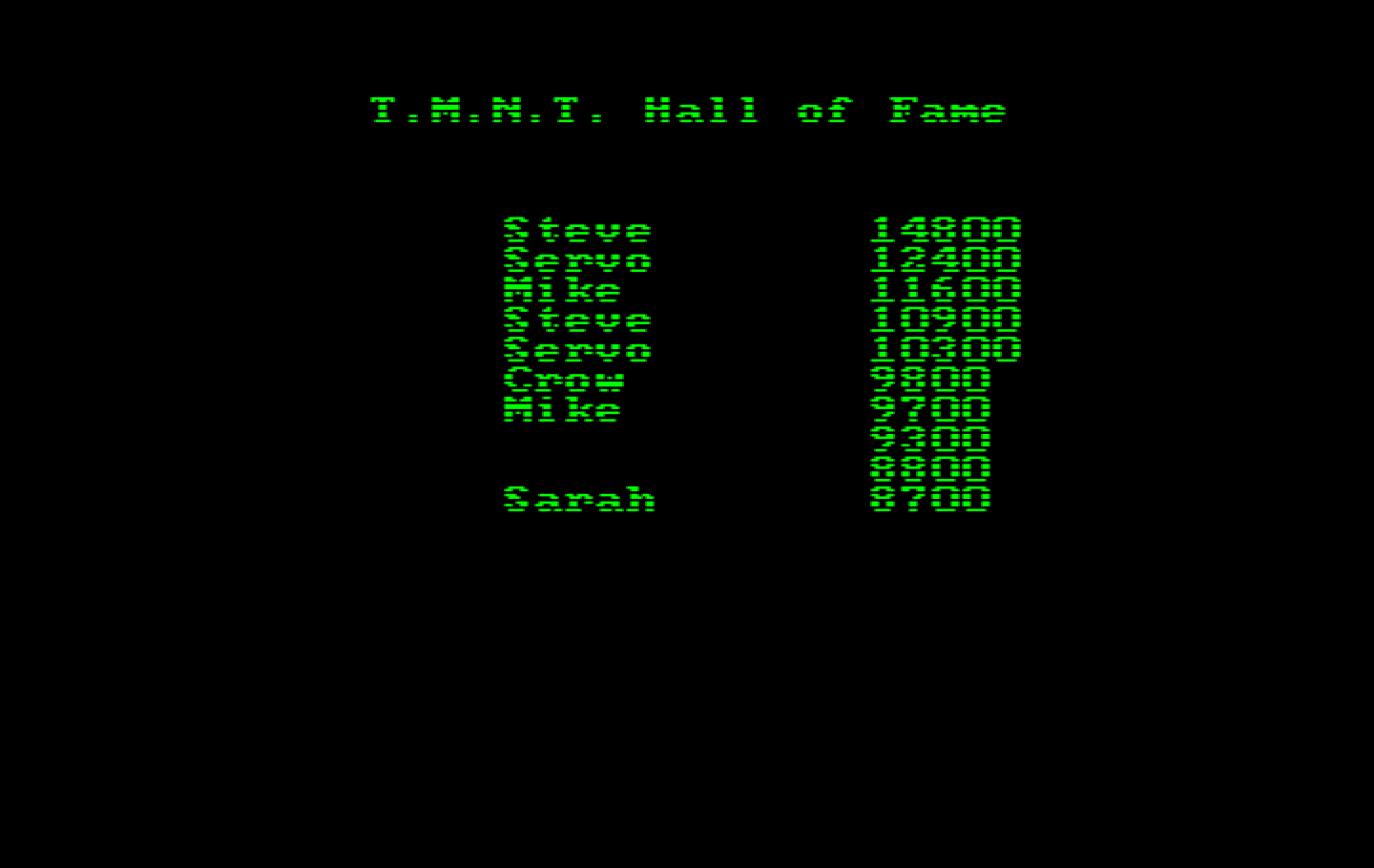 Teenage Mutant Ninja Turtles IBM PC/Compatibles Screenshot: High scores.