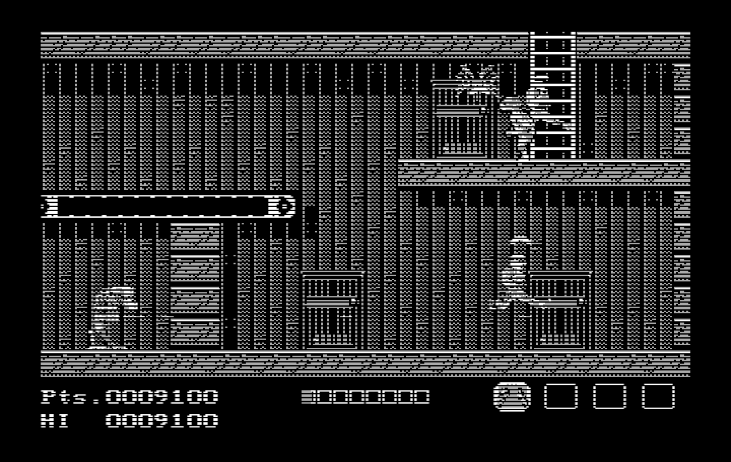 Teenage Mutant Ninja Turtles IBM PC/Compatibles Screenshot: In a warehouse; climb the ladder to the next screen!