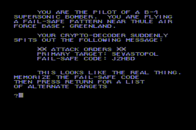 B-1 Nuclear Bomber Atari 8-bit Screenshot: Your mission...and the fail-safe code.