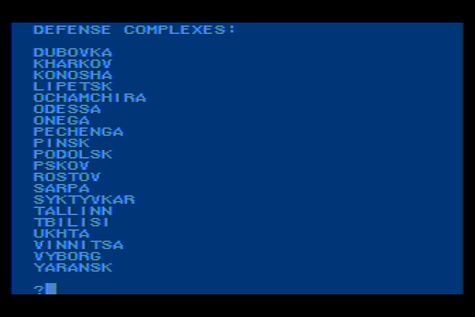 B-1 Nuclear Bomber Atari 8-bit Screenshot: Defense complexes.
