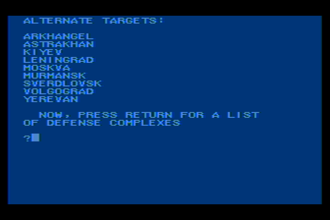 B-1 Nuclear Bomber Atari 8-bit Screenshot: A list of targets...
