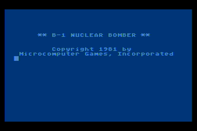 B-1 Nuclear Bomber Atari 8-bit Screenshot: Title screen.