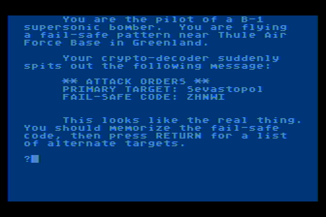 B-1 Nuclear Bomber Atari 8-bit Screenshot: Your mission, and the fail-safe code...