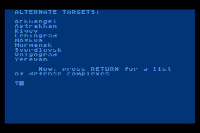 B-1 Nuclear Bomber Atari 8-bit Screenshot: Some targets...