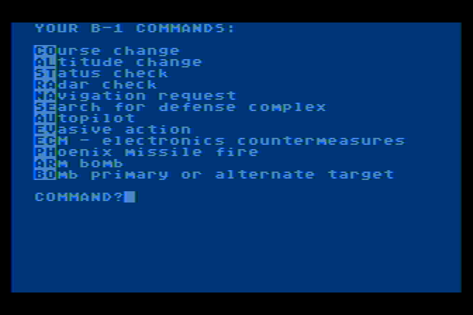 B-1 Nuclear Bomber Atari 8-bit Screenshot: Enter a command...