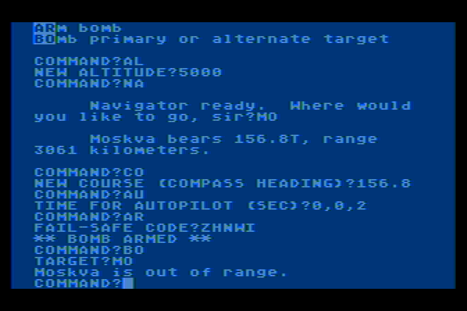 B-1 Nuclear Bomber Atari 8-bit Screenshot: Target is out of range...