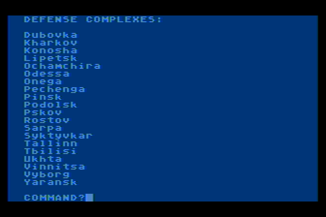 B-1 Nuclear Bomber Atari 8-bit Screenshot: Defense complexes.