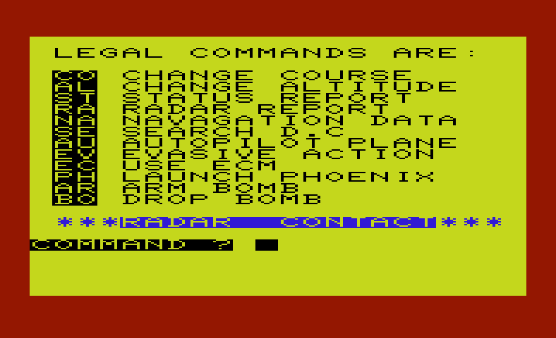 B-1 Nuclear Bomber Commodore VIC-20 Screenshot: A summary of available commands.