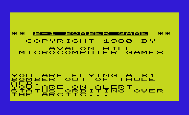 B-1 Nuclear Bomber Commodore VIC-20 Screenshot: Title screen.