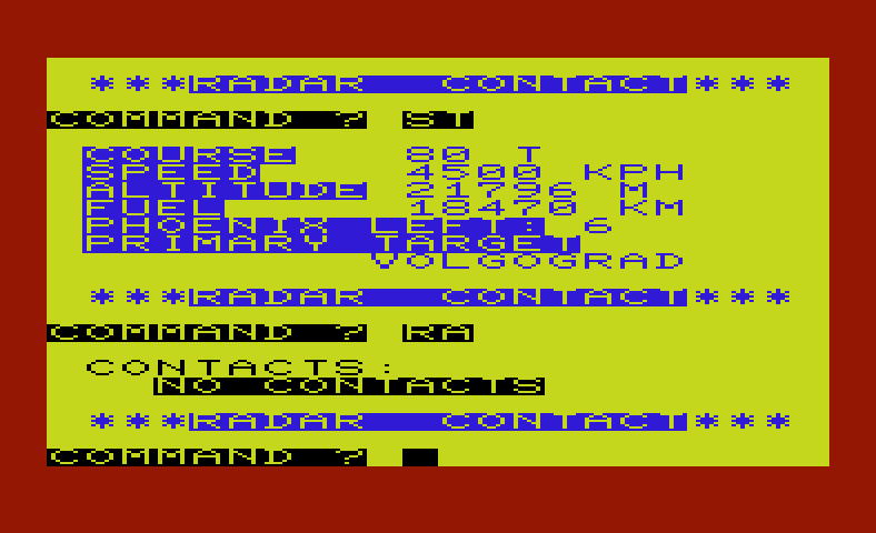 B-1 Nuclear Bomber Commodore VIC-20 Screenshot: Status report...