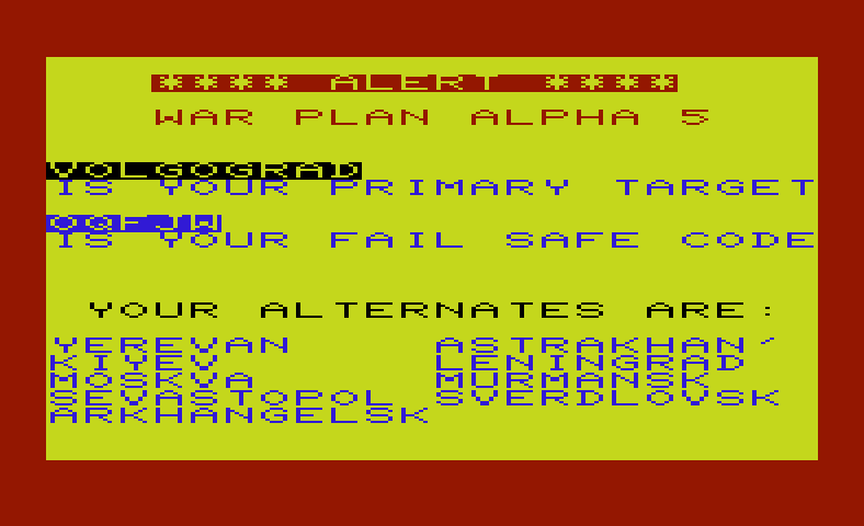 B-1 Nuclear Bomber Commodore VIC-20 Screenshot: Alert! Here's your goal...