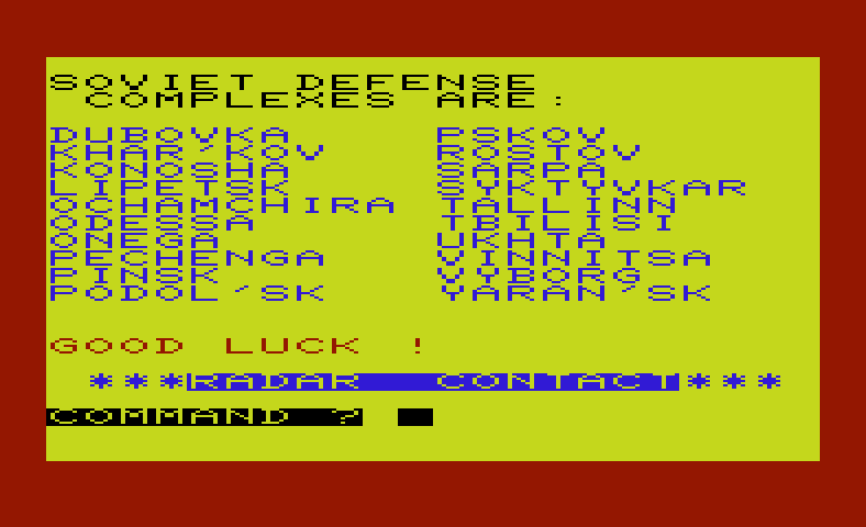 B-1 Nuclear Bomber Commodore VIC-20 Screenshot: Good luck on your mission...