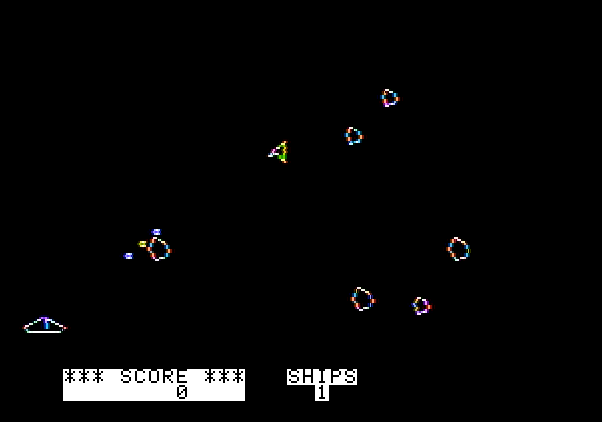 Asteroids in Space Apple II Screenshot: Watch out for asteroids and invaders!