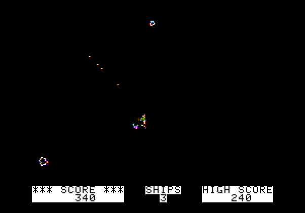 Asteroids in Space Apple II Screenshot: I'm hit!