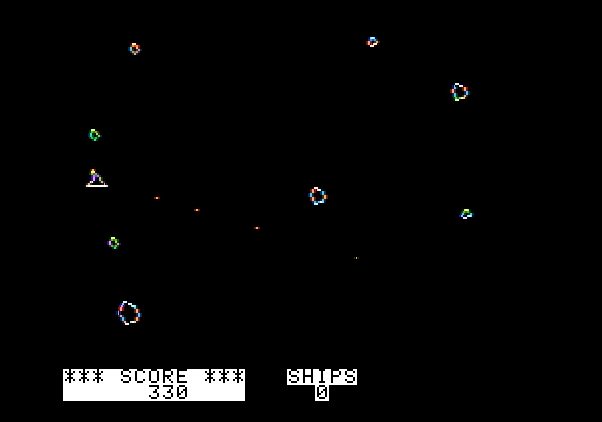 Asteroids in Space Apple II Screenshot: Asteroids split into smaller ones when you shoot them.