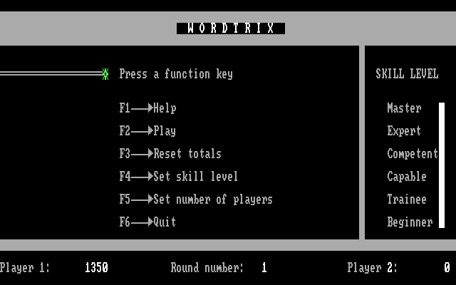Wordtrix IBM PC/Compatibles Screenshot: Main menu.