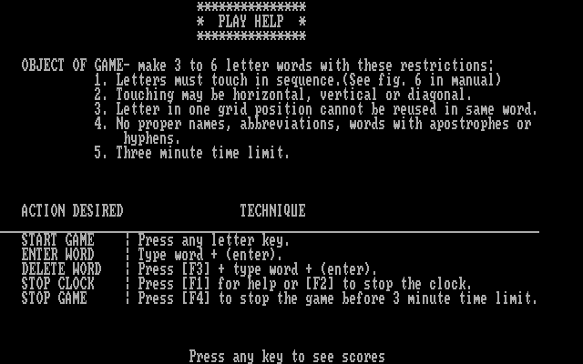 Wordtrix IBM PC/Compatibles Screenshot: Play help screen.