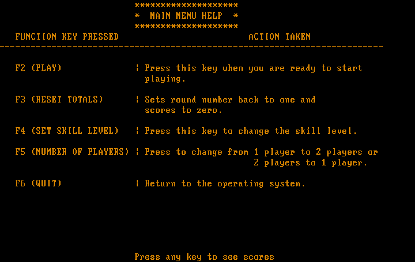 Wordtrix IBM PC/Compatibles Screenshot: Main menu help.