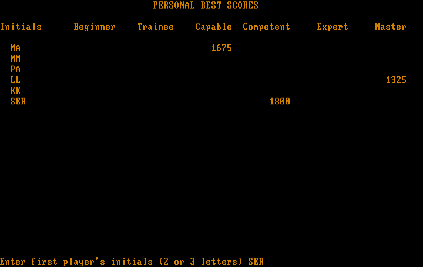 Wordtrix IBM PC/Compatibles Screenshot: Current scores, and enter player initials for the next game.