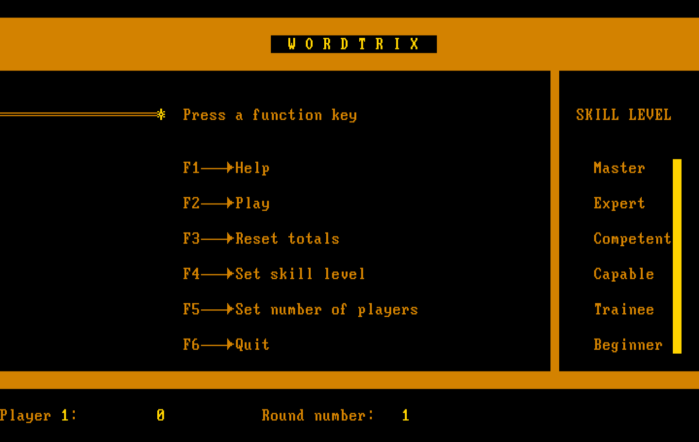 Wordtrix IBM PC/Compatibles Screenshot: The main menu.