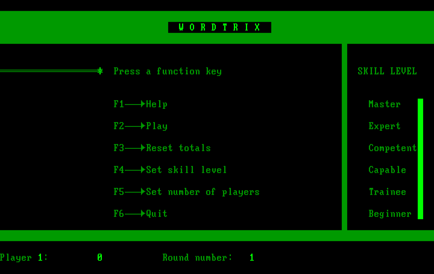 Wordtrix IBM PC/Compatibles Screenshot: The main menu.