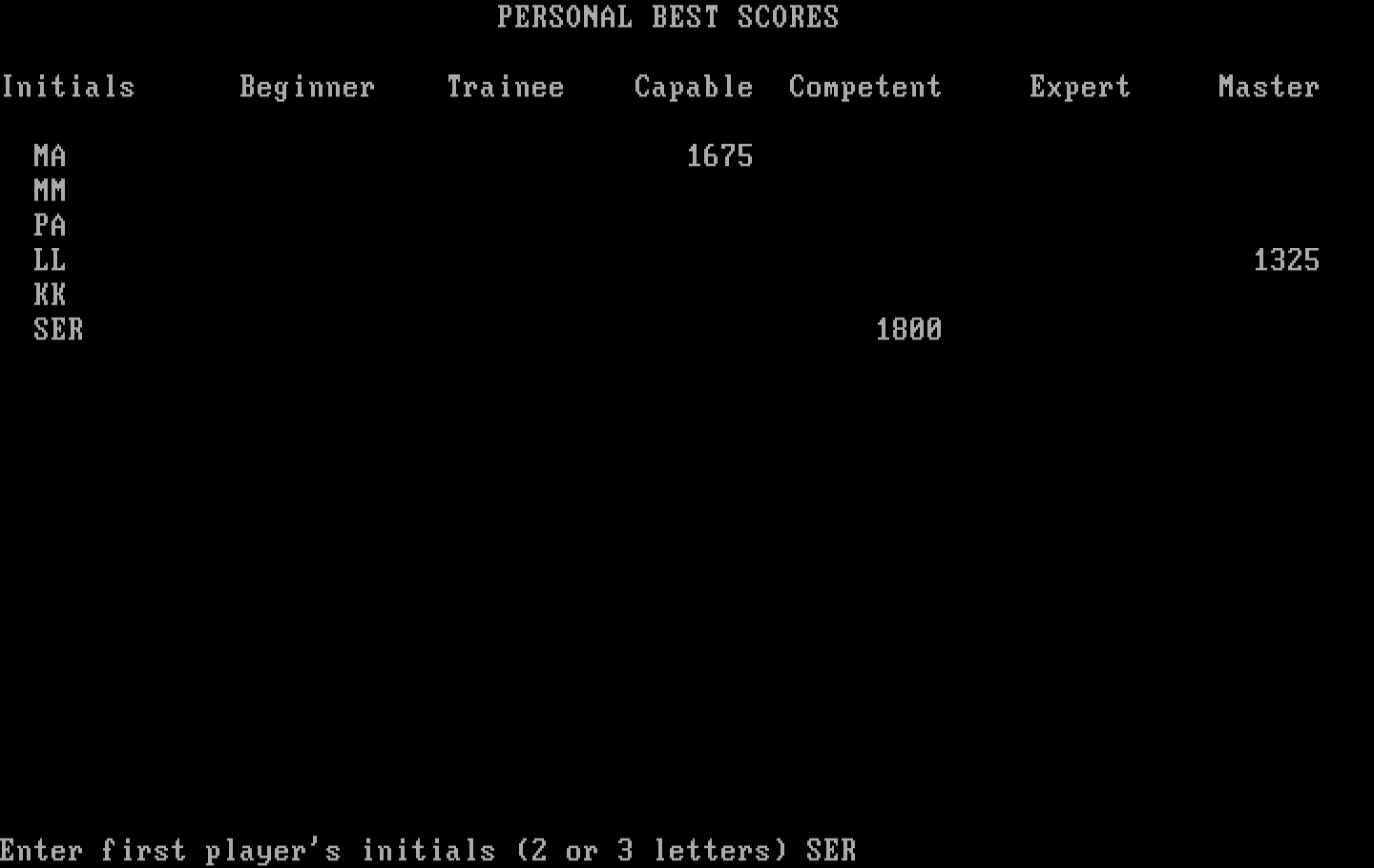 Wordtrix IBM PC/Compatibles Screenshot: Current scores, and enter player initials for the next game.