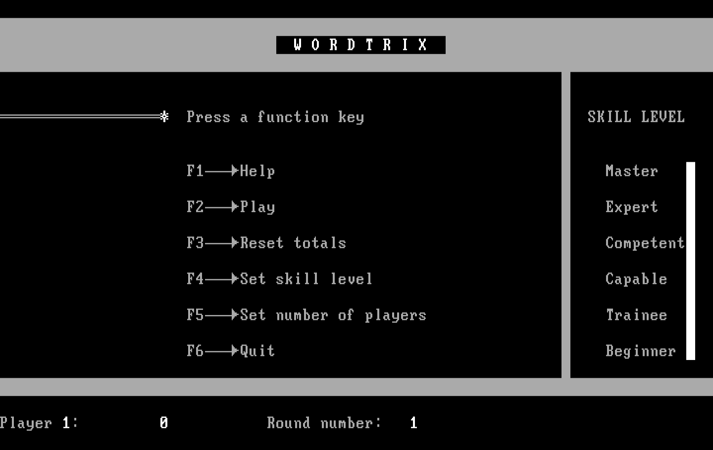 Wordtrix IBM PC/Compatibles Screenshot: The main menu.