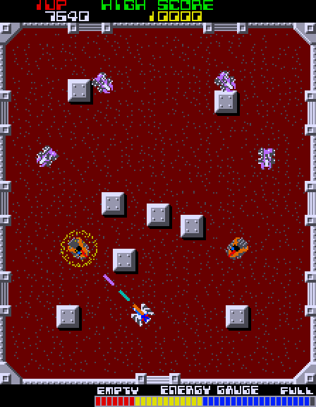 Grobda Arcade Screenshot: Some opponents have their own shields which makes them harder to destroy.