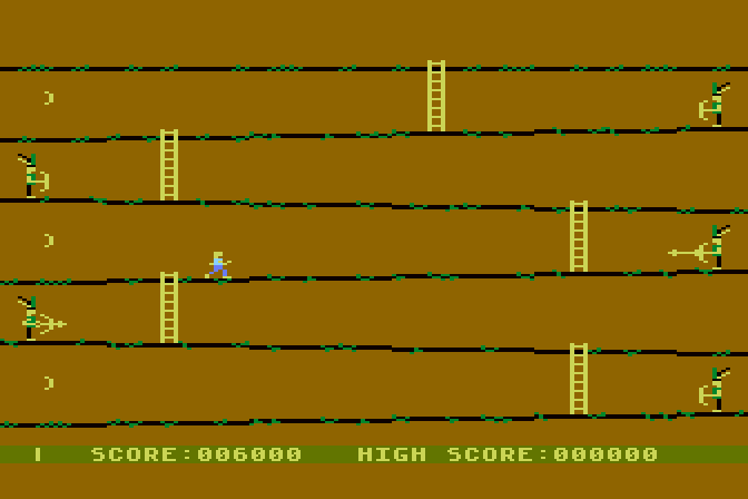 Canyon Climber Atari 8-bit Screenshot: Each platform has archers shooting arrows at you.