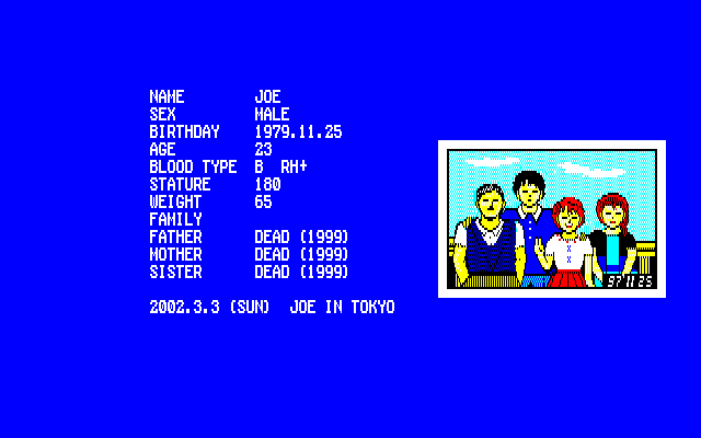 Lamia 1999 PC-8800 Series Screenshot: Here's some information about my character Joe...