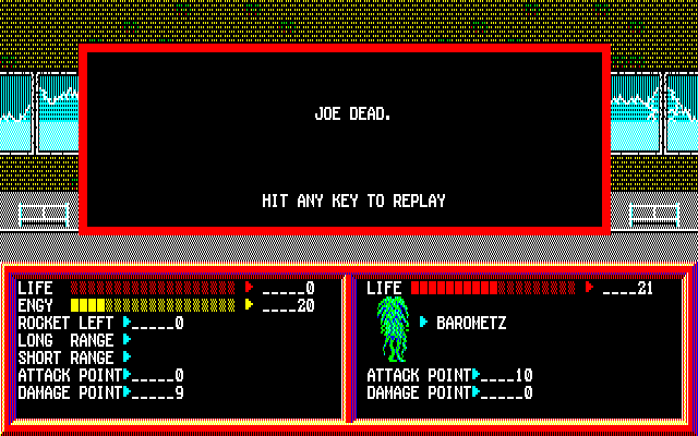 Lamia 1999 PC-8800 Series Screenshot: Game over; Joe is dead, but you can try again!