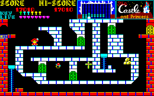 Castle, The PC-8800 Series Screenshot: I need more green keys to get through this area.