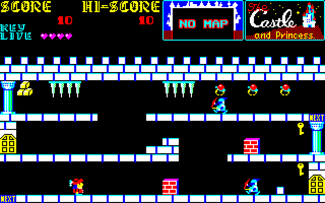 Castle, The PC-8800 Series Screenshot: Move blocks to crush enemies or jump to high platforms.