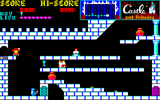 Castle, The PC-8800 Series Screenshot: I'll need a purple key to open the door in the bottom right.