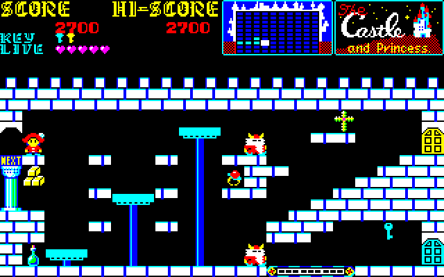 Castle, The PC-8800 Series Screenshot: Moving platforms and opponents chasing you in this room!