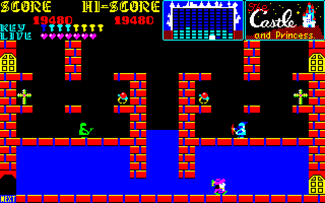 Castle, The PC-8800 Series Screenshot: My only exit from here is via that yellow door...good thing I have keys.