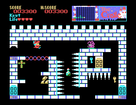Castle, The Sega SG-1000 Screenshot: Leaping over the wavy platform.