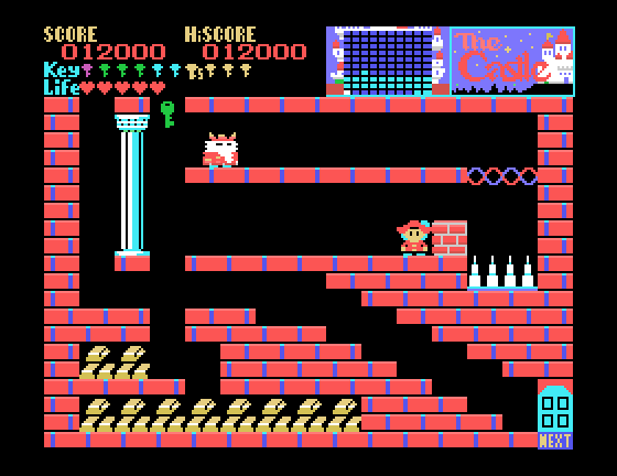 Castle, The Sega SG-1000 Screenshot: With careful timing I can use this block to jump through the wavy platform.