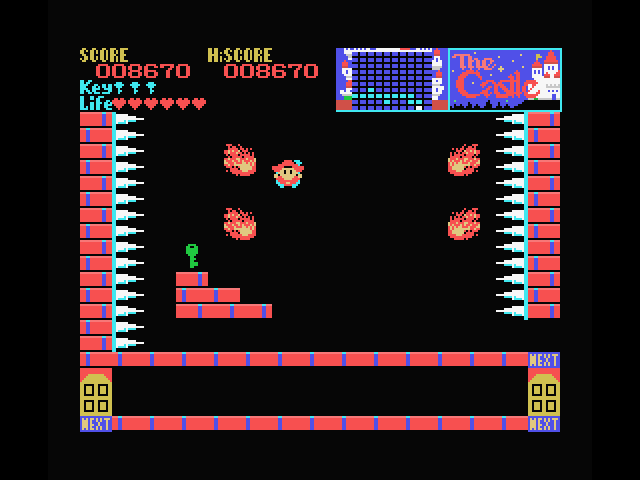 Castle, The MSX Screenshot: Falling down as fireballs chase me...