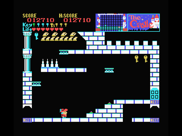 Castle, The MSX Screenshot: Moving platforms and careful jumps can reward you with two yellow keys...and more!