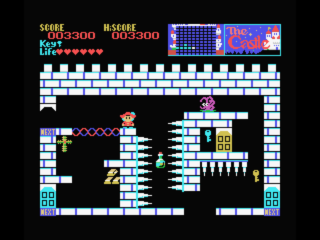 Castle, The MSX Screenshot: You can fall through (or jump up through) the wavy red-blue area when it stops moving.