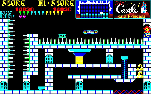 Castle, The Sharp X1 Screenshot: Use the moving platform to make across more spikes.
