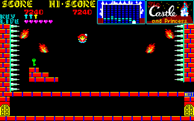 Castle, The Sharp X1 Screenshot: The fireballs begin chasing me as I fall.